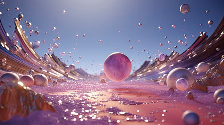 A whimsical, dreamlike scene with vibrant floating balloons amidst a fantastical landscapeの素材