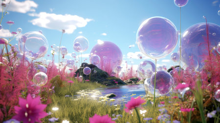 A whimsical, dreamlike scene with vibrant floating balloons amidst a fantastical landscapeの素材