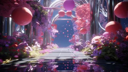 A whimsical, dreamlike scene with vibrant floating balloons amidst a fantastical landscapeの素材