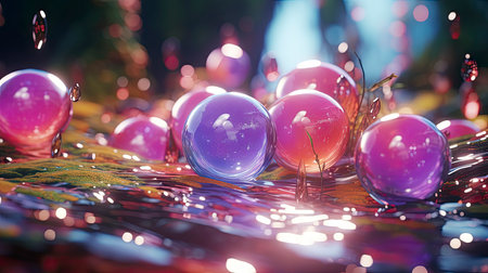 A whimsical, dreamlike scene with vibrant floating balloons amidst a fantastical landscapeの素材