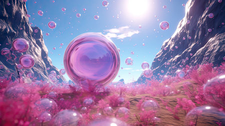 A whimsical, dreamlike scene with vibrant floating balloons amidst a fantastical landscapeの素材