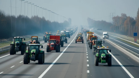 A convoy of tractors with activated lights participating in a rally on a busy urban roadの素材