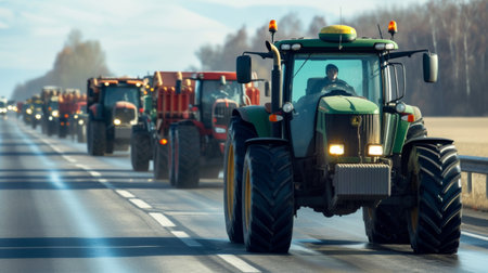 A convoy of tractors with activated lights participating in a rally on a busy urban roadの素材