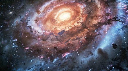 An awe-inspiring spiral galaxy with intricate layers of stars, dust, and cosmic gas, captured in vibrant colorsの素材