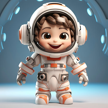 A happy, young female cartoon astronaut with open arms, wearing a white and orange space suitの素材