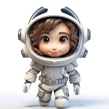 A happy, young female cartoon astronaut with open arms, wearing a white and orange space suitの素材