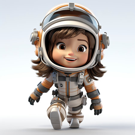 A happy, young female cartoon astronaut with open arms, wearing a white and orange space suitの素材