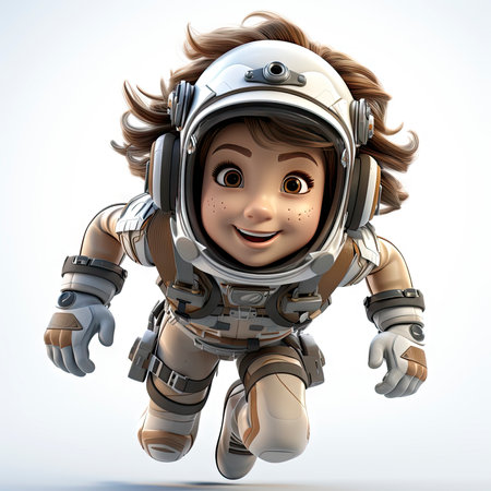 A happy, young female cartoon astronaut with open arms, wearing a white and orange space suitの素材