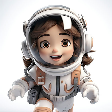 A happy, young female cartoon astronaut with open arms, wearing a white and orange space suitの素材