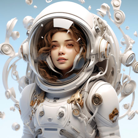 A happy, young female cartoon astronaut with open arms, wearing a white and orange space suitの素材