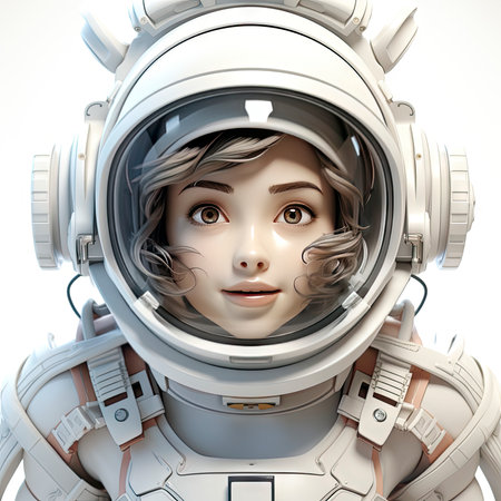 A happy, young female cartoon astronaut with open arms, wearing a white and orange space suitの素材
