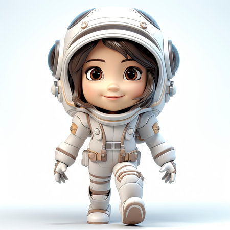 A happy, young female cartoon astronaut with open arms, wearing a white and orange space suitの素材