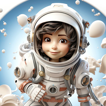 A happy, young female cartoon astronaut with open arms, wearing a white and orange space suitの素材