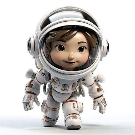 A happy, young female cartoon astronaut with open arms, wearing a white and orange space suitの素材