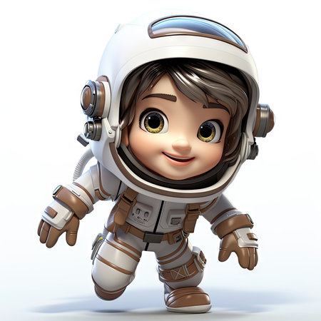 A happy, young female cartoon astronaut with open arms, wearing a white and orange space suitの素材