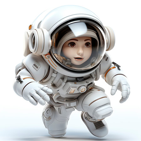A happy, young female cartoon astronaut with open arms, wearing a white and orange space suitの素材