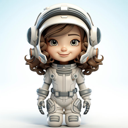 A happy, young female cartoon astronaut with open arms, wearing a white and orange space suitの素材