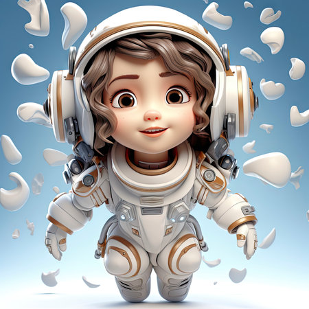 A happy, young female cartoon astronaut with open arms, wearing a white and orange space suitの素材