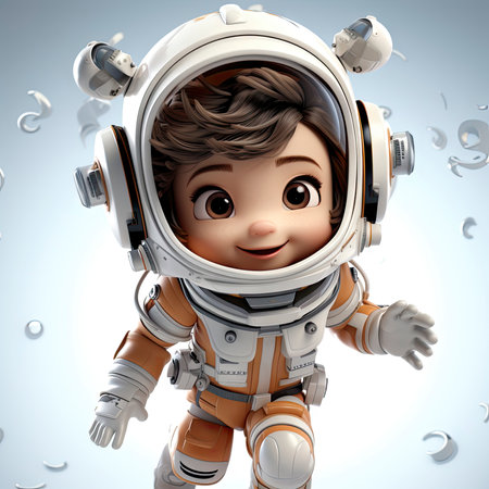A happy, young female cartoon astronaut with open arms, wearing a white and orange space suitの素材
