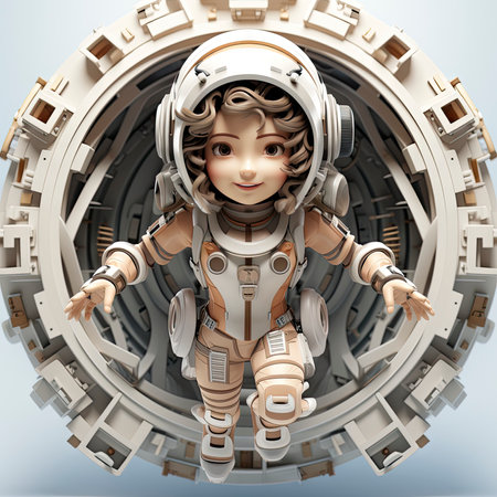 A happy, young female cartoon astronaut with open arms, wearing a white and orange space suitの素材