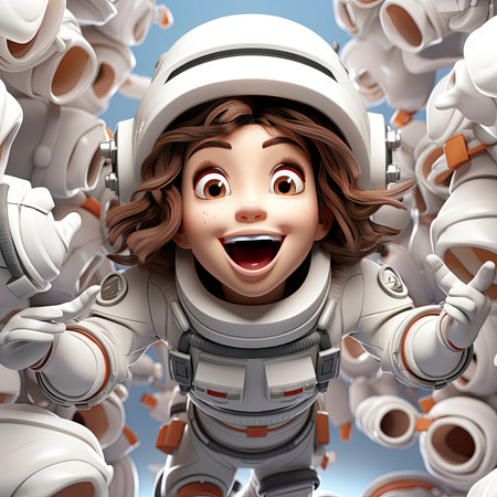 A happy, young female cartoon astronaut with open arms, wearing a white and orange space suitの素材