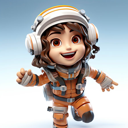 A happy, young female cartoon astronaut with open arms, wearing a white and orange space suitの素材