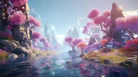 A serene twilight scene with vibrant pink foliage, a reflective river, and majestic mountain backdropの素材