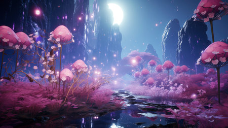 A serene twilight scene with vibrant pink foliage, a reflective river, and majestic mountain backdropの素材