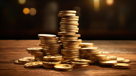 Close-up of golden coin stacks with a warm glow on a wooden backgroundの素材