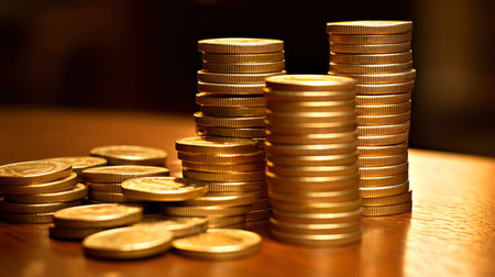 Close-up of golden coin stacks with a warm glow on a wooden backgroundの素材