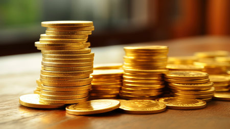 Close-up of golden coin stacks with a warm glow on a wooden backgroundの素材