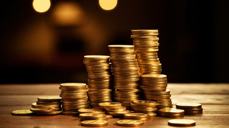 Close-up of golden coin stacks with a warm glow on a wooden backgroundの素材