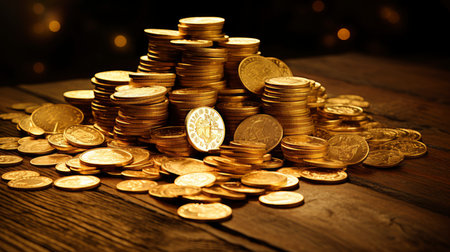 Close-up of golden coin stacks with a warm glow on a wooden backgroundの素材