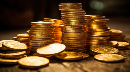 Close-up of golden coin stacks with a warm glow on a wooden backgroundの素材