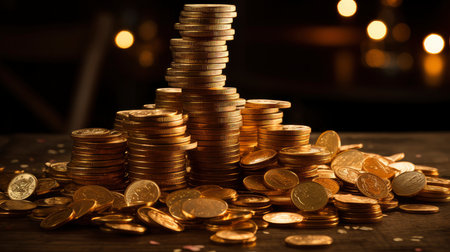 Close-up of golden coin stacks with a warm glow on a wooden backgroundの素材