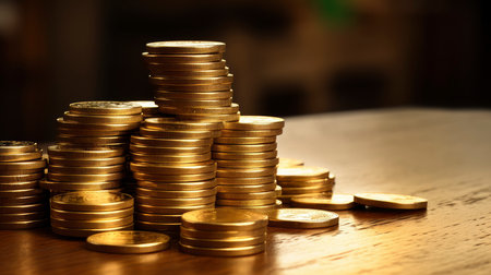Close-up of golden coin stacks with a warm glow on a wooden backgroundの素材