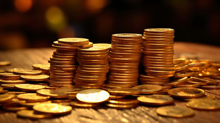 Close-up of golden coin stacks with a warm glow on a wooden backgroundの素材