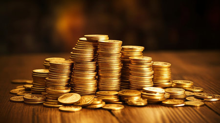 Close-up of golden coin stacks with a warm glow on a wooden backgroundの素材