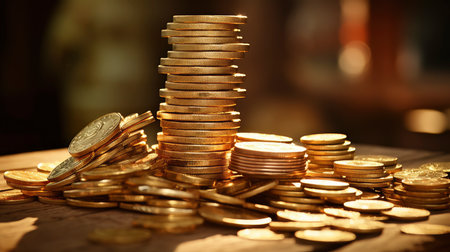 Close-up of golden coin stacks with a warm glow on a wooden backgroundの素材
