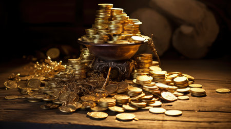 Close-up of golden coin stacks with a warm glow on a wooden backgroundの素材