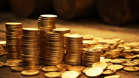 Close-up of golden coin stacks with a warm glow on a wooden backgroundの素材