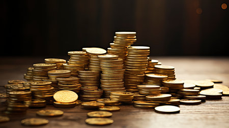 Close-up of golden coin stacks with a warm glow on a wooden backgroundの素材