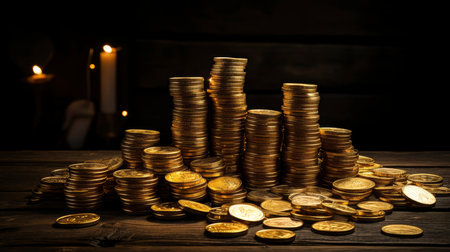 Close-up of golden coin stacks with a warm glow on a wooden backgroundの素材