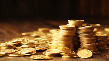Close-up of golden coin stacks with a warm glow on a wooden backgroundの素材