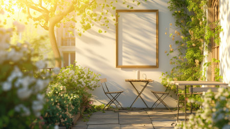 Warm sunlight bathes a cozy sidewalk cafe, highlighting an empty menu frame ready for customizationの素材