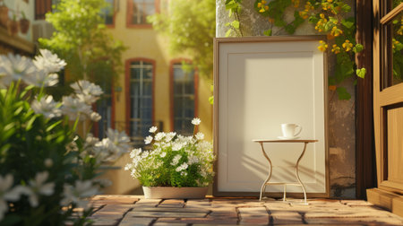 Warm sunlight bathes a cozy sidewalk cafe, highlighting an empty menu frame ready for customizationの素材
