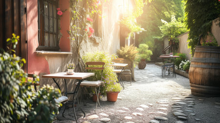 Warm sunlight bathes a cozy sidewalk cafe, highlighting an empty menu frame ready for customizationの素材