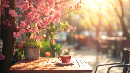 Warm sunlight bathes a cozy sidewalk cafe, highlighting an empty menu frame ready for customizationの素材