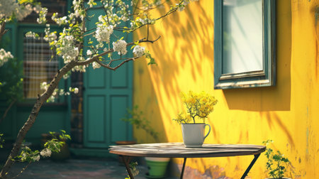 Warm sunlight bathes a cozy sidewalk cafe, highlighting an empty menu frame ready for customizationの素材