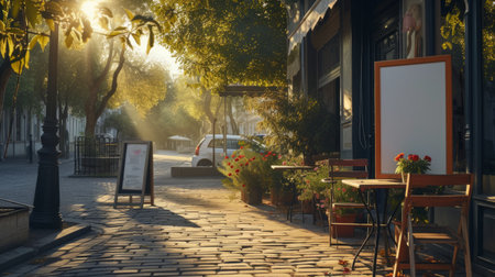 Warm sunlight bathes a cozy sidewalk cafe, highlighting an empty menu frame ready for customizationの素材